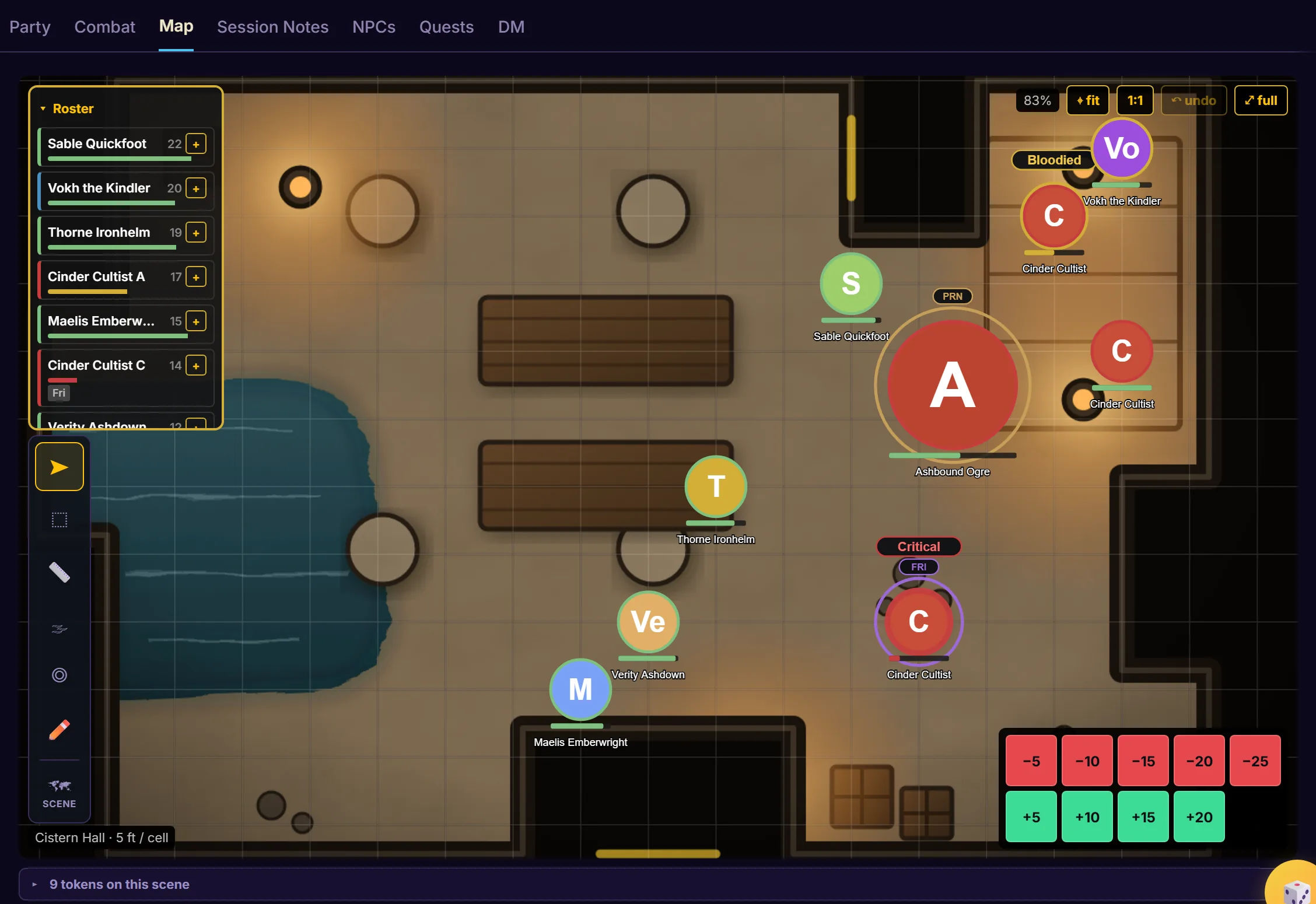 Tavern's virtual tabletop mid-combat: an initiative roster with hit-point bars, player and monster tokens on a lit stone map, condition badges, and damage controls