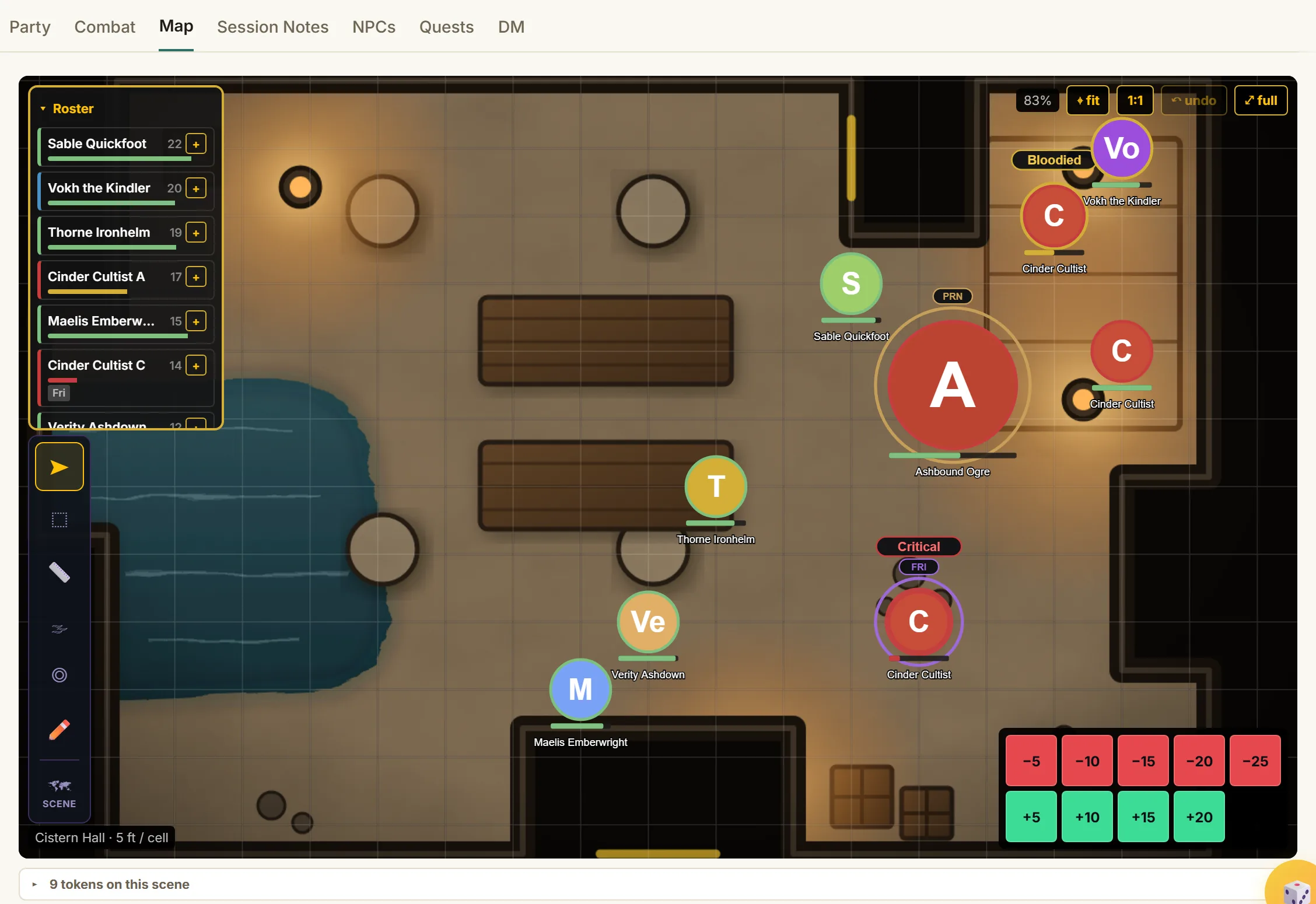 Tavern's virtual tabletop mid-combat: an initiative roster with hit-point bars, player and monster tokens on a lit stone map, condition badges, and damage controls